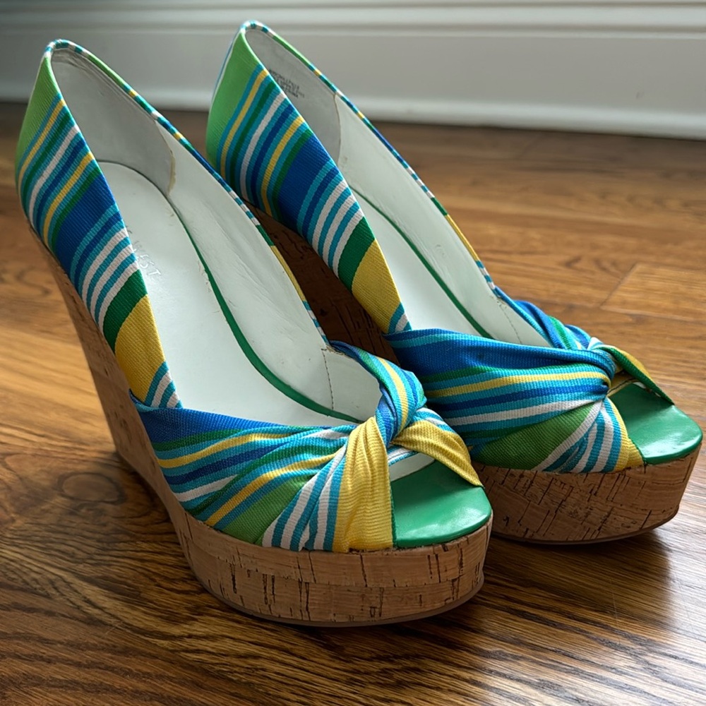 Blue, Yellow, Green and White Striped Nine West Wedges